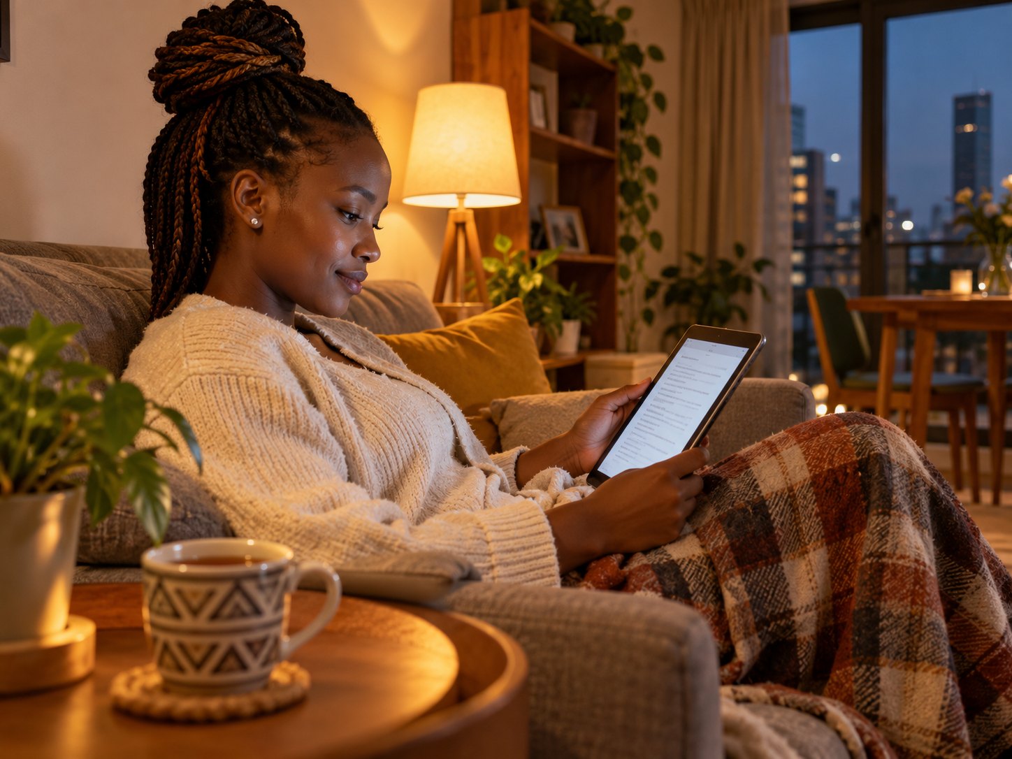 A learner reading on a tablet at home