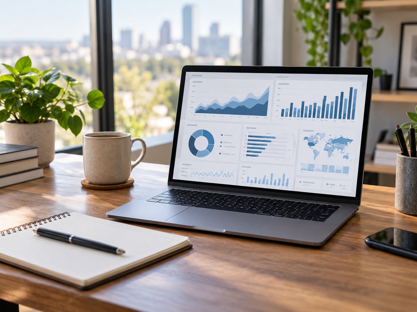 A laptop showing charts and a dashboard