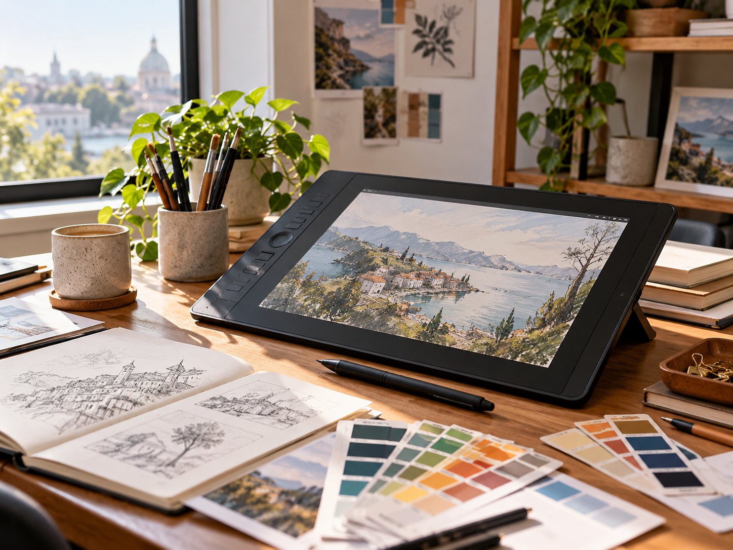 A designer drawing on a graphics tablet