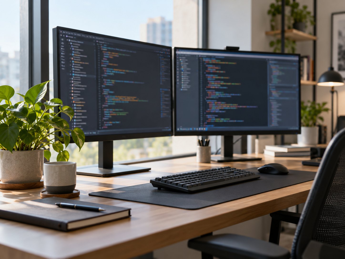A developer reading code on two screens