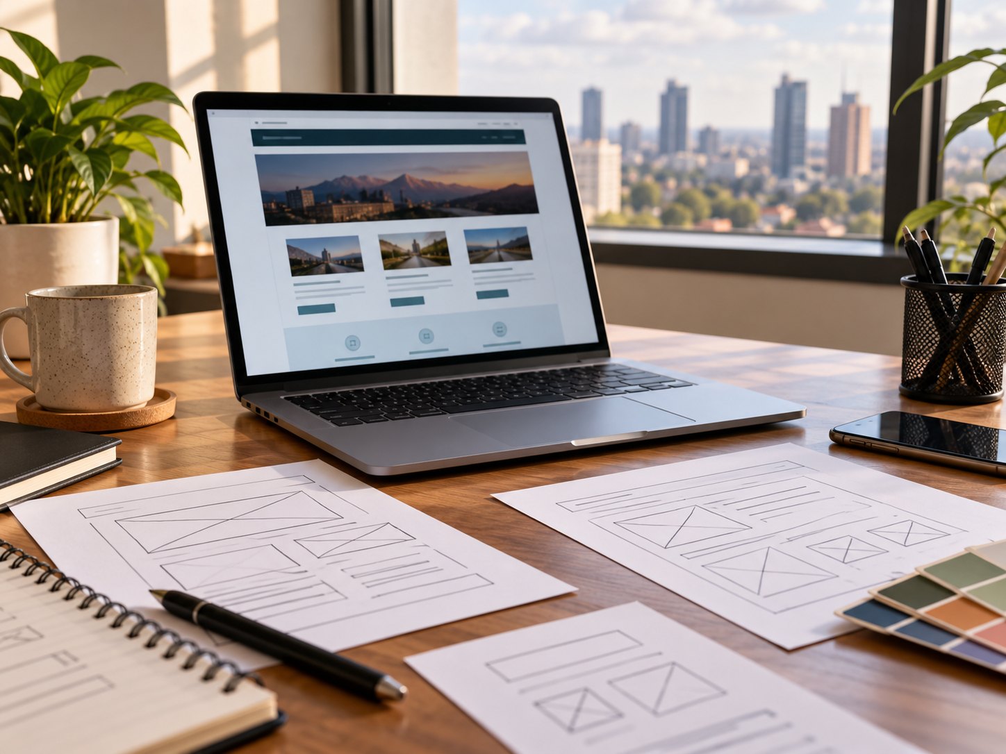 A laptop showing a website layout beside sketches