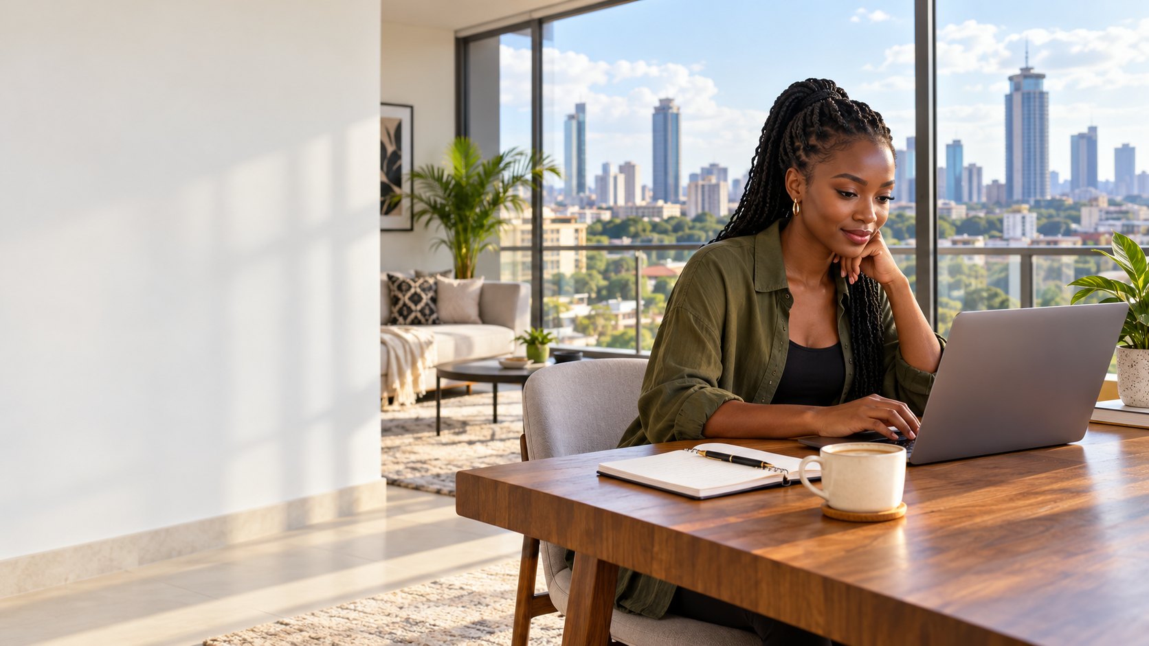 A learner studying on a laptop by a window