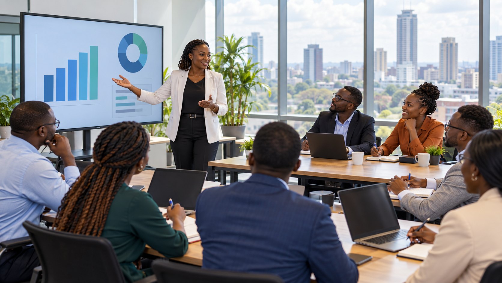 A team in a meeting room reviewing a chart